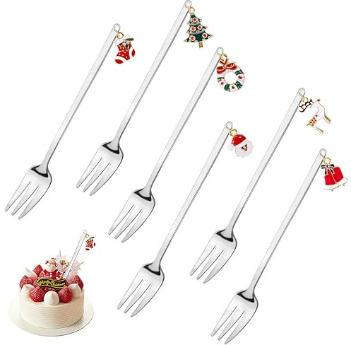 AYMQC Fourchettes de Noël Fourchettes à Dessert en Acier Inoxydable avec Pendentifs de Noël Ensemble de Fourchettes à Gâteaux aux Fruits avec Boîte Cadeau 6 Pièces (Argenté)