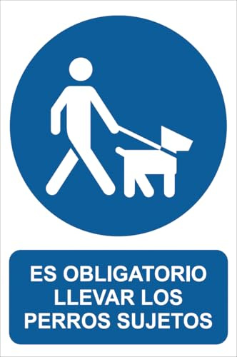 IberNorma MS255 - Señal Adhesiva de Es obligatorio llevar los Perros sujetos 20x30cm Pegatina de Obligación homologada Cartel ideal para informar en interiores de tiendas y locales (20x30cm)