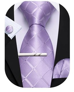 Barry.Wang Lavender Tie with Tie Clip for Men Plaid Silk Necktie Pocket Square Cufflinks Set Formal Business Wedding Party