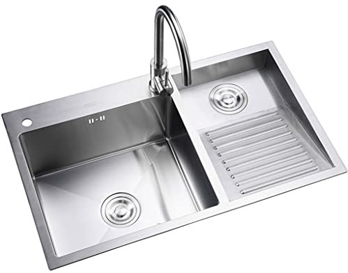 DLAZUM Fregadero de Acero Inoxidable de Dos Senos con encimera o sobre encimera, con grifería Curva Grande y Conjunto de desagüe, tamaño: 80 x 48 x 22 cm (Plata (b) 60 x 48 x 22 cm)
