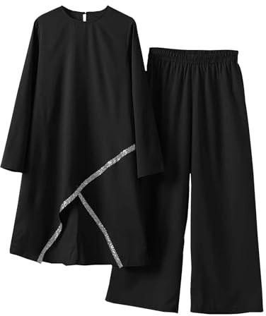 Amxleh Muslimische Kleider Damen 2 Teiler Langärmeliges Top + Lang Hose Ramadan Outfit Muslimisch Einfarbig Zweiteilige Sets Gebetskleidung Naher Osten Türkei Dubai Arabisch Abaya Anzug Gebet Outfits