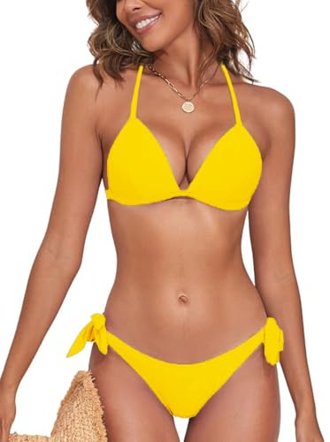 NLAND Conjunto de Bikini para Mujer Brasileñas Bikini Ajustable Halter Mujer Trajes de Baño Dos Piezas de Lazo Lateral Triángulo Tanga,Amarillo M