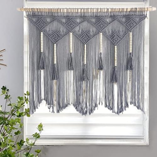 Macrame Curtains with Wooden Beads, Short Woven Bistro Curtain, 100x80cm Decorative Wall Hanging, Outdoor Short Divider, Gray Wall Decor.