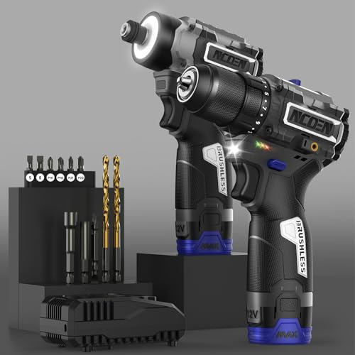 NCOEN Kits de herramientas eléctricas de taladro inalámbrico y destornillador de impacto de 12 V combinados con 2 baterías y cargador rápido (taladro de 3/8 pulgadas y destornillador de impacto