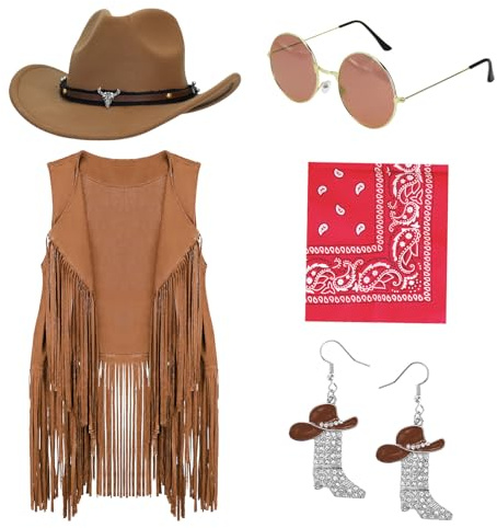 OJMHD 5 Stück Western Cowgirl Kostüm für Damen, Cowboy Outfits mit braun Fransenweste, Cowboy hut, Ohrringe, Hippie-Brille, Bandana für Karneval Fasching Halloween Cosplay, L