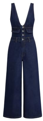 CIDER Jumpsuit For Women Denim V Neck Button Wide Leg Trousers Mid Waist One Piece Romper Jean Pant