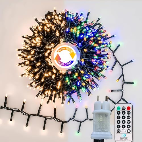 Gresonic 750 LEDs-Cluster-Lichterkette-Strombetrieb, Lichterketten 15 m, Warmweiß & Klassisch Bunt, für Innen Außen, 9 Modi, Timer, grünes Kabel, IP44 wasserdicht, Garten Weihnachtsbaum Hochzeit
