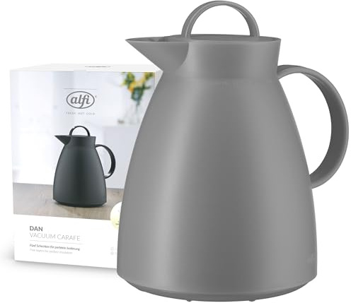 alfi DAN Isolierkanne 1,00 l, 12 h heiß, Hartglaseinsatz, graphite grey | 24h kalt, Thermoskanne für Kaffee & Tee, mit absolut dichter Drehverschluss, grau