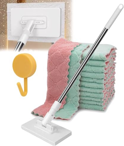Fregona Antipolvo Desechabl Balai plat avec tampons jetables, mini balai à poussière à 360°, balai de balai humide et sec de 99,1 cm avec tête de verrouillage et chiffons de balayage pour mur, fenêtre