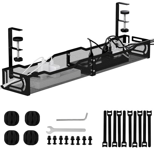 Gifts for Fathers, Under Desk Cable Management, Cable Management No Drill, 25'' Metal Cable Tray with Clamp for Standing Desk, Home Office, (Black)