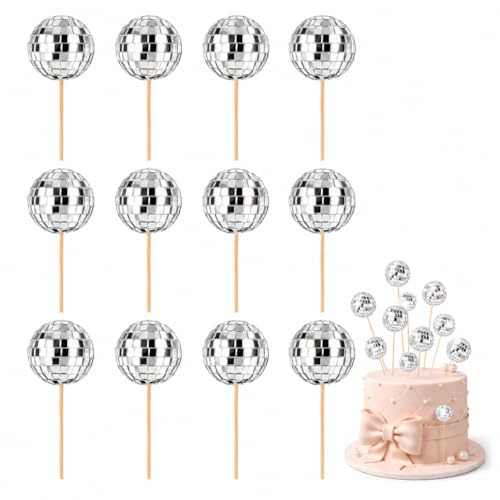 12 Pcs Disco Ball Cake Decorations with Bamboo Sticks, Mini Disco Balls | Shiny Silver Mini Disco Balls Cake Topper, 1970s Disco Themed Cake Toppers, for Theme Party Birthday Cake Decorations