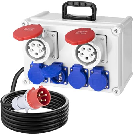 CHENGPI Construction Power Distributor Wall Distributor IP44 | 2x CEE 5-Pin Sockets 16A + 4x Schuko Sockets 16A | Power Distribution Box with 150 mm Cable (CEE 5-Pol Plug) | for Outdoor/Industry