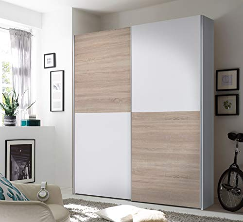 Arthauss Timeless 2-Door Sliding Wardrobe – Sonoma Oak & White W170 x H195 x D57.5 cm | Classic Storage for Modern & Traditional Bedrooms