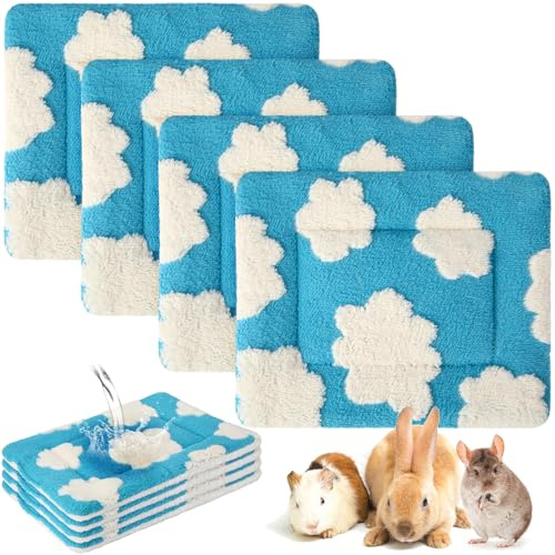 Haull 4 Pcs Waterproof Guinea Pig Bedding Mat, White Cloud, 13 x 10 | Waterproof Cage Liner for Small Animals Rabbits, Soft Plush Cushioned Mat Hamster Bunny, Thickened Cozy Dog Crate Bedding