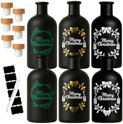 gouveo Set di 6 bottiglie di vetro da 250 ml, nero con tappo di sughero, motivo Merry Christmas in bianco, oro e verde, bottiglie di Natale da riempire, bottiglie di liquore (AFRSZ250-8-9th)