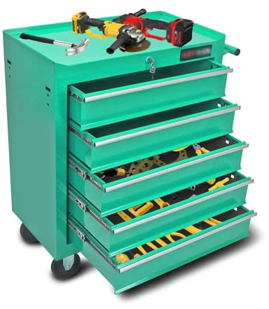 Zhaoj24-05 Cassetta degli Attrezzi Armadietto portautensili a 5 cassetti su Ruote, Cassetta con rotelle, Sistema di Chiusura a Chiave, Officina(Green)