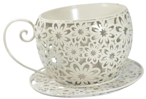 LDDIFHWW Vaso Creativo in Metallo per Fiori, Vaso per Piante, Tazza da caffè con Manico Curvo E Piattino Decorativo Artistico, Adatto per Uso Interno Ed Estern, Bianco