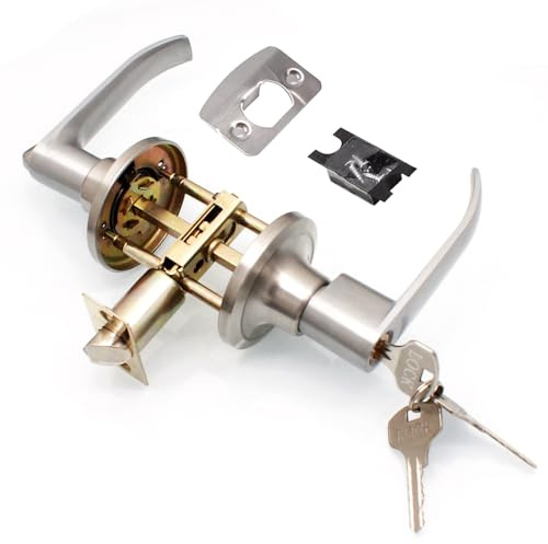 Lever Door Handle Lock with Keys,Door Lock for Interior with Adjustable Latch,Privacy Knob Locking Internal Doors,Copper Core Security Lever Handle Locks for Bathroom,Bedroom,Office,25mm-45mm,Sliver
