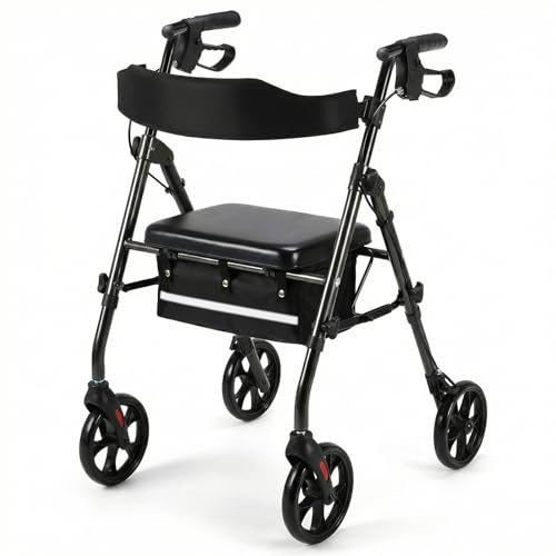 LIFERUN Rullator vikbar för seniorer, lätta rullatorer med 20 cm däck för all terräng, gångstöd, sits och handtag, 8-vägs justerbar höjd med plats och förvaringsväska (svart)