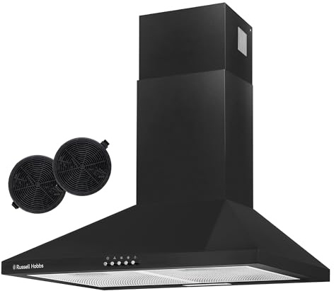Russell Hobbs 60cm Chimney Cooker Hood in Black with 3 Speed Settings, 2x Carbon Filters, Extraction or Recirculation, 400 m³/h Extraction Rate, LED Lights, A++ Energy Rating, RH60SCH03A1B