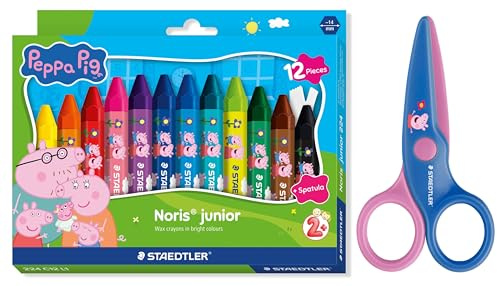 STAEDTLER Noris junior Peppa Wutz Set mit 12er jumbo Wachsmalkreiden Set und Kinderschere mit abgerundeten Spitzen für erste Bastelübungen