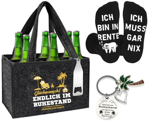 Ruhestand Geschenk Männer Männerhandtasche Bier, Filz Flaschentasche 6 Flaschen mit Flaschenöffner Socken & Schlüsselanhänger, Renteneintritt Geschenk für Opa Rentner Freund Kollegen Biertasche (A)