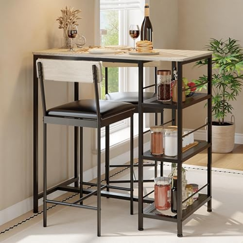 Garvee Bartisch mit 2 Barhockern Set, Küchentisch mit 3-stufigem Lagerregal, Industrie-Design Bistrotisch Set für Küche, Esszimmer und Wohnzimmer, Platzsparend, Teak Eiche und Schwarz
