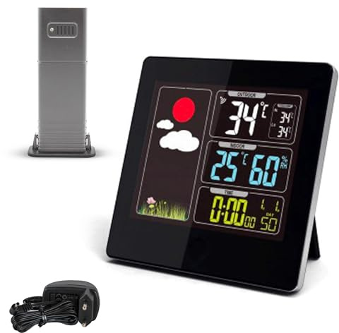 FISHTEC - Station météo radio pilotée écran LCD couleur - Température extérieure capteur sans fil 60 m mini maxi - Heure date alarme automatiques DCF77 - Décoration intérieure haute en
