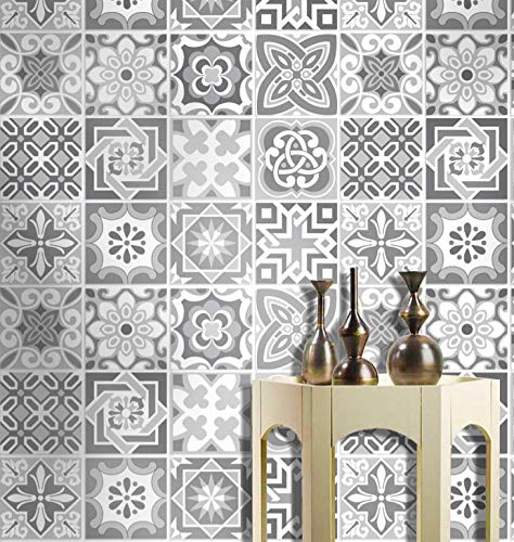 Artinstick Moroccan Grey Tile Sticker for Kitchen Bathroom Motorhome Camper Self Adhesive Peel and Stick Geometric Patterned DIY Mosaic 15x15 cm 6x6, 12 Tiles
