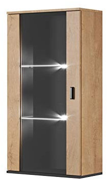 Hängevitrine SOHO Hängeschrank Wandvitrine mit Weißer LED Beleuchtung (Lefkas Eiche/Schwarz)