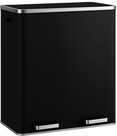 Floordirekt Mülleimer Küche 2×30L Schwarz | 2-Fach Mülltrennung, Treteimer Küche, Metall, Soft-Close, luftdicht, Kunststoff-Inneneimer, Klappdeckel – (Felix)