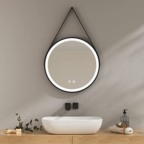 EMKE Badspiegel mit Beleuchtung rund 50cm, 3 Lichtfarbe dimmbar | Badezimmerspiegel mit schwarzer Rahmen, Speicherfunktion, Touch-Schalter, 3 Stunden Auto-Abschaltung wandspiegel