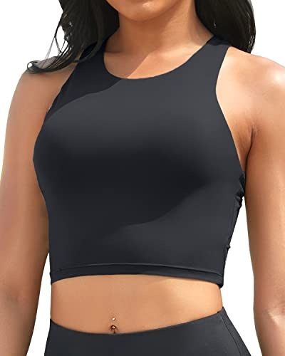 Yonique Women Bikini Top Only Crop Swim Top Longline Swimsuit Tops High Neck Bathing Suit Top Black X-Large