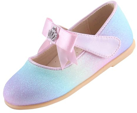 EIGHT KM Toddler Girls Dress Shoes Mary Jane Princess Wedding Ballet Flats Shoes EKM7063 Sparkly Glitter Crown Minerva Rainbow UK Size 11