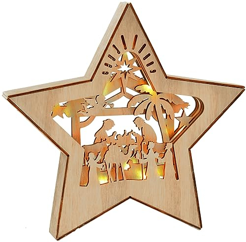 Ovootok Christmas Nativity Scene Ornament, 3D Wooden Star LED Christmas Decorations for Indoor, Rustic Nativity Set Christmas Decor, Religious Nativity Scene Decor for Shelves Tables Fireplace (A)