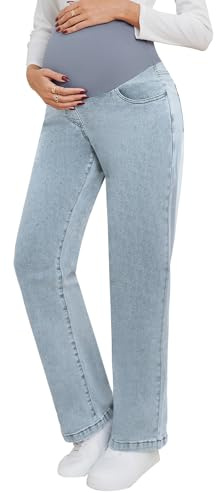 fitglam Women's Maternity Jeans Straight Leg Relaxed Fit Over Belly Pregnancy Denim Work Pants Maternity Clothes with Pockets(Light Blue, XX-Large)