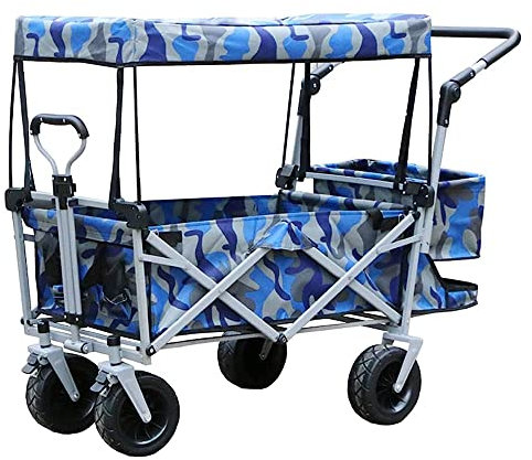 CRBUDY Chariot à Main, Chariot de Jardin Pliable, Roues Larges, brouette de Camion Pliable Robuste avec Double Frein, poignée de poussée/Bleu Marine