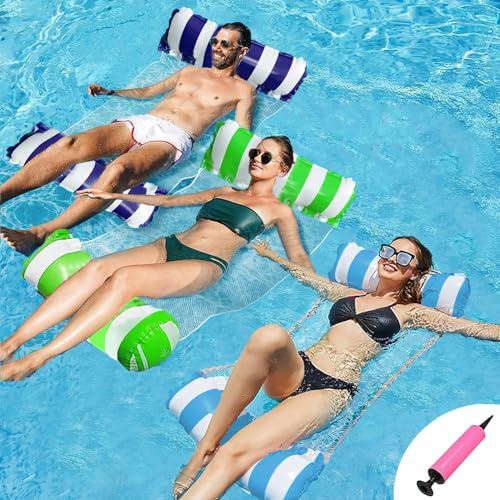 3 Pack Pool Float Water Hammock,Inflatable Swimming Pool Float Hammock for Adults, 4-in-1Multi-Purpose Water Floating Chair Bed Raft Recliner Float Lounger Float Hammock with Infloator Pump Blue+green