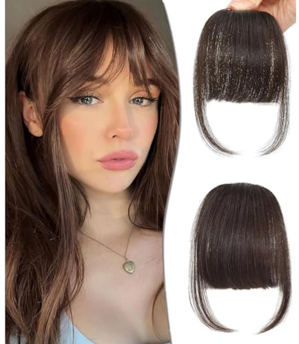 Clip in Fringe - Bangs Hair Clip in Bangs 100% Real Human Hair Extensions clip on air bangs for Women Fringe with Temples Hairpieces Curved Bangs (Dark Brown, Neat Bangs)