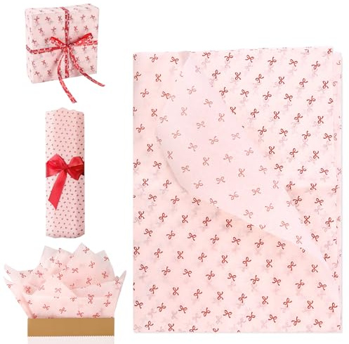 10 Blatt Rosa Geschenkpapier mit Schleife, Süß Schön Seidenpapier mit Schleife Geschenkpapier Bastelpapier für Geburtstag Hochzeit Weihnachten Valentinstag Geschenktüten Verpackung (70 x 50cm)