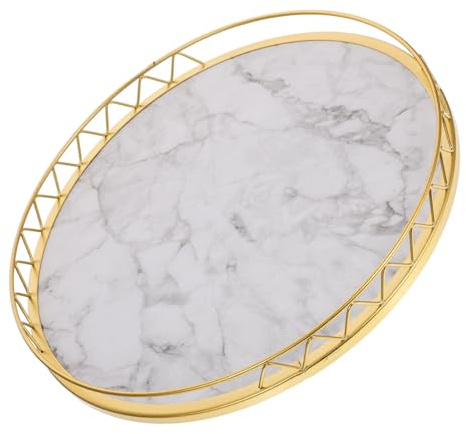 VALICLUD Plateau Rond Ménager en Bois et Métal, Motif Marbre Décoratif | Fruits et Plantes, Usage Polyvalent à Maison, Rangement Décoratif, Finition Or Moderne