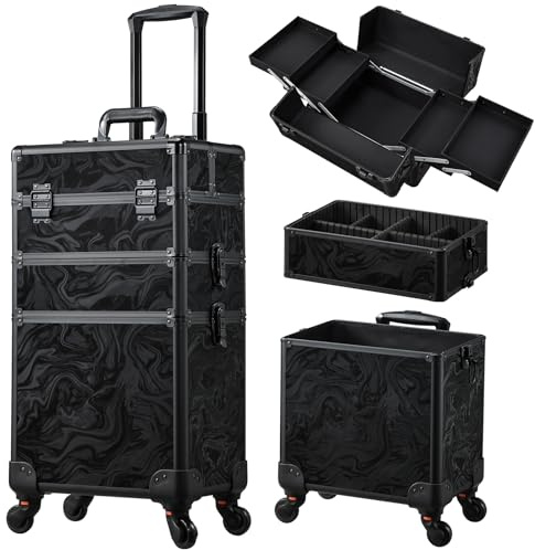 Kosmetik Trolley 3-in-1 Make up Koffer Kosmetikkoffer Trolley Schminkkoffer Groß Friseurkoffer mit Rollen Beauty Case Nagelkoffer Multikoffer, Alpenschwarz