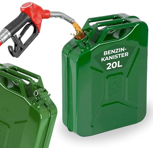 STREND PRO Benzinkanister 20l Metall | Robuster Kanister 20 liter für Benzin & Diesel | Kraftstoffkanister | Dieselkanister für Reserve | Kombikanister motorsäge | Grün mit UN-Zulassung | Benzintank