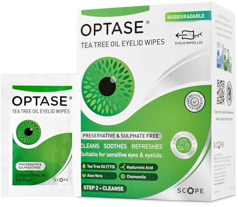 Optase Tea Tree Oil Eyelid Cleansing Wipes - Daily Hygiene & Relief from Blepharitis, Tired and Dry Eyes - 20 Pack