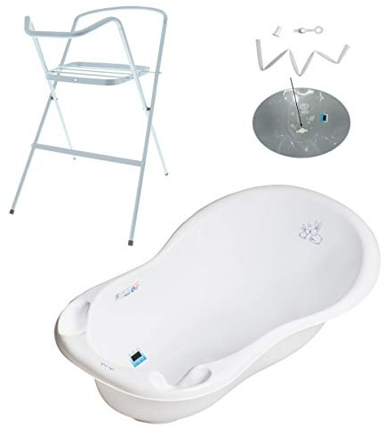 Baignoire bébé thermomètre intégré 86 cm Blanc Lapin Avec pied et tuyau
