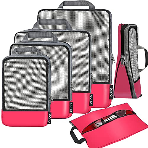 Eono by Amazon - Komprimierbaren Packwürfeln zur Organisation Ihres Reisegepäcks, Compression Packing Cube, Packtaschen Set & Gepäck Organizer für Rucksack & Koffer, Fuchsia, 6-teilig