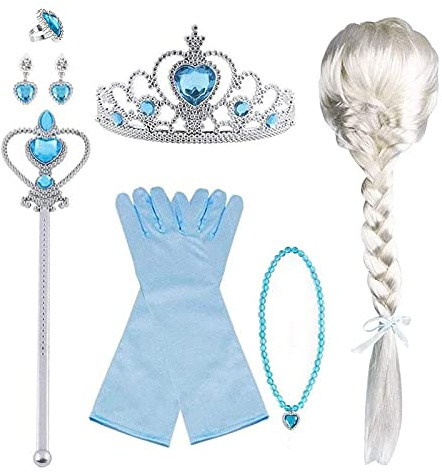 Vicloon prinsessadräkttillbehör set om 8, tillbehör för flickor med ELSA-handskar, persikahjärtakrona, trollstav, ring, halsband, örhänge och clip-tupé för födelsedagar, cosplay, festivaler