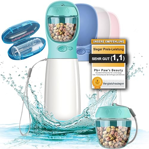NEU 3er GESCHENKESET | Innovative 550ml Hundetrinkflasche für unterwegs | inkl. Futterbehälter & Zahnbürste | Premium Trinkflasche Hund | Trinkflasche Hunde für unterwegs | 100% DICHT