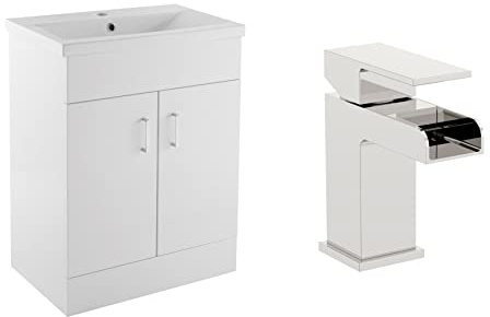 VeeBath Sobek 700 Vanity Unit with Basin and Waterfall Mixer Tap, Floor Standing Cabinet Rectangular Ceramic Wash Basin for Bathroom Furniture with 2 Doors- Gloss White (Flat Pack)