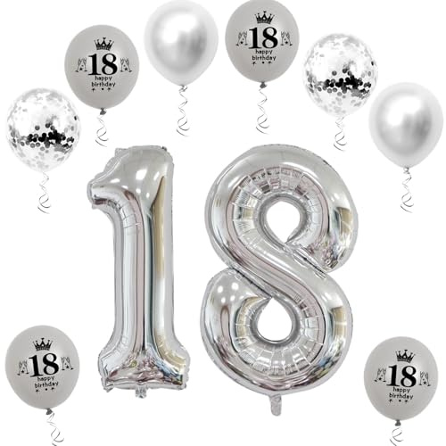 XL Folienballon 18 Geburtstag, Folienballon Zahl 18, Zahl 18 Silber, Luftballons Zahl 18, Nummer 18 Luftballon Silber, 32 Geburtstagsdeko Ballon 18